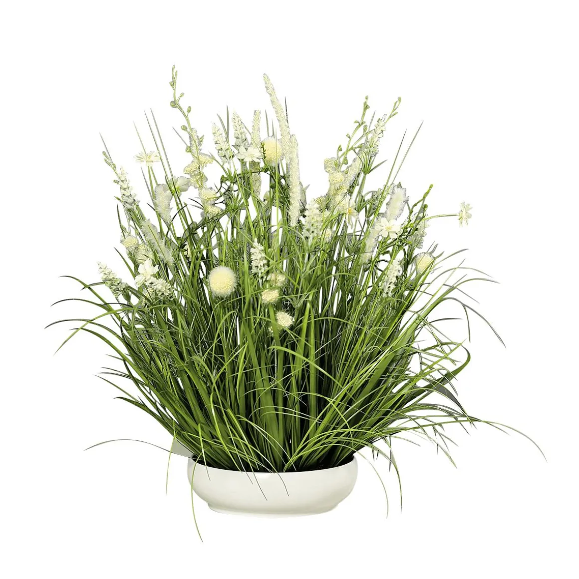 Arreglo De Flores Artificiales Pradera Blanca En Cuenco Blanco 58 Cm