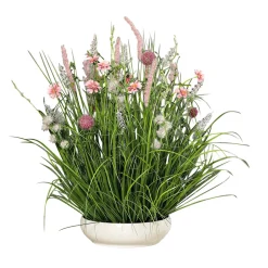 Arreglo Floral Artificial Pradera Rosa En Tazón Blanco 58 Cm
