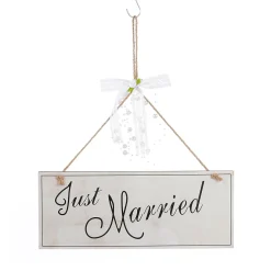 Cartel Decorativo "Just Married" 12 X 30 Cm Madera Blanca