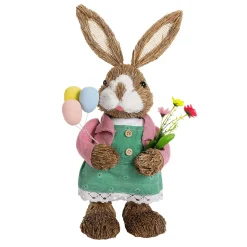Conejito De Pascua De Sisal Vestido Con Huevos De Pascua Y Flores Artificiales 17 X 14 X 37 Cm
