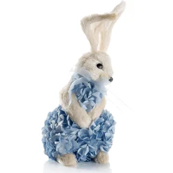Conejo De Pascua Decorativo De Espuma Dura Y Sisal Con Vestido De Hortensias Azul 30 Cm