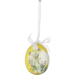 Juego De Huevos De Pascua De Espuma Para Colgar, Amarillo Con Dibujo De Conejo Y Lazo 8pcs.