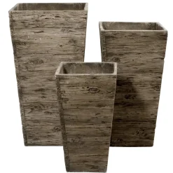 Juego De Macetas De Fibra De Vidrio Marrón, Aspecto De Madera 50, 65, 75 Cm De Altura