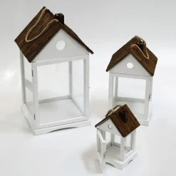 Linterna Casas De Madera Set 3 Piezas Blanco Marrón