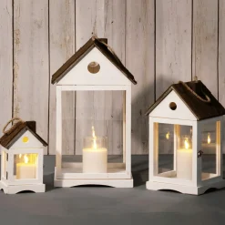 Linterna Casas De Madera Set 3 Piezas Blanco Marrón