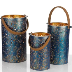 Linternas Redondas De Metal 3 Piezas Oro Azul