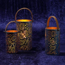 Linternas Redondas De Metal 3 Piezas Oro Azul