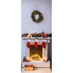 Pancarta De Tela Ignífuga "Chimenea Y Corona De Navidad" De Tela De Bandera 75 X 180 Cm