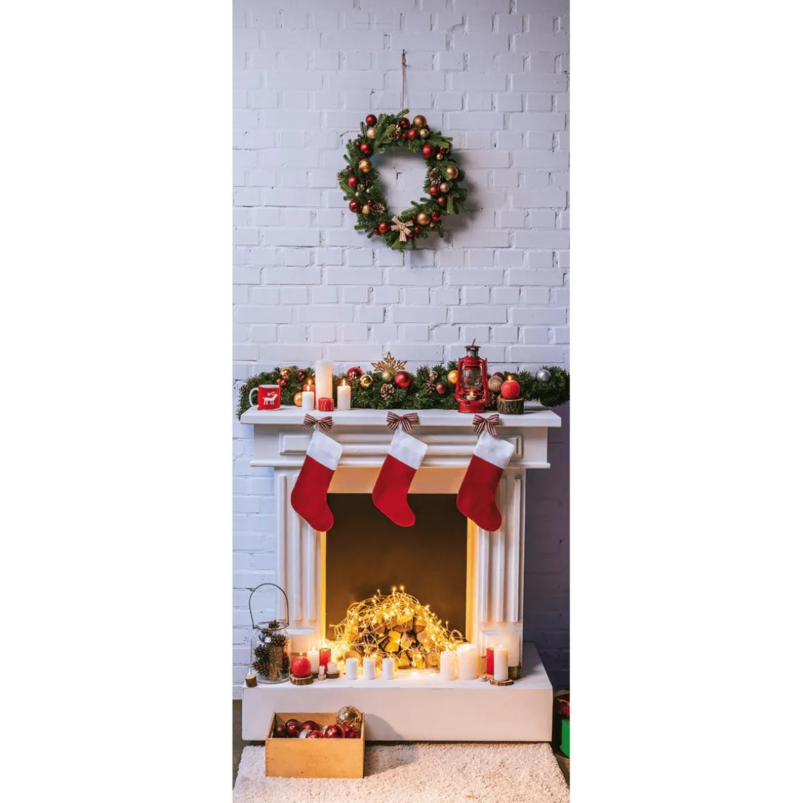 Pancarta De Tela Ignífuga "Chimenea Y Corona De Navidad" De Tela De Bandera 75 X 180 Cm