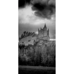 Pancarta De Tela Ignífuga "Castillo En Blanco Y Negro" De Tela De Bandera 100 X 200 Cm