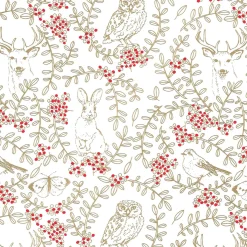 Papel De Envolver Sostenible Con Animales Del Bosque, Vides Y Bayas Rojas - Bobina De Papel De Regalo De 50 M