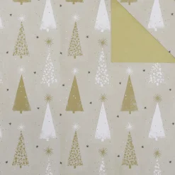Papel De Regalo Doble Cara Árboles De Navidad Dorado / Crema