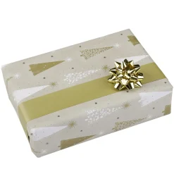 Papel De Regalo Doble Cara Árboles De Navidad Dorado / Crema