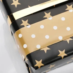 Papel De Regalo Navideño De Doble Cara Con Estrellas Y Puntos Negros Y Dorados - Rollo De Papel De Regalo De 50 M
