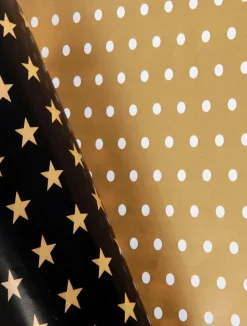 Papel De Regalo Navideño De Doble Cara Con Estrellas Y Puntos Negros Y Dorados - Rollo De Papel De Regalo De 50 M