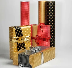 Papel De Regalo Navideño De Doble Cara Con Estrellas Y Puntos Negros Y Dorados - Rollo De Papel De Regalo De 50 M