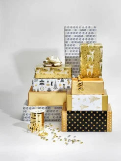 Papel De Regalo Navideño De Doble Cara Con Estrellas Y Puntos Negros Y Dorados - Rollo De Papel De Regalo De 50 M