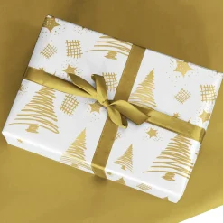 Papel De Regalo Navideño Sostenible De Doble Cara Con Abetos Y Estrellas En Dorado - Bobina De Papel De Regalo De 50 M