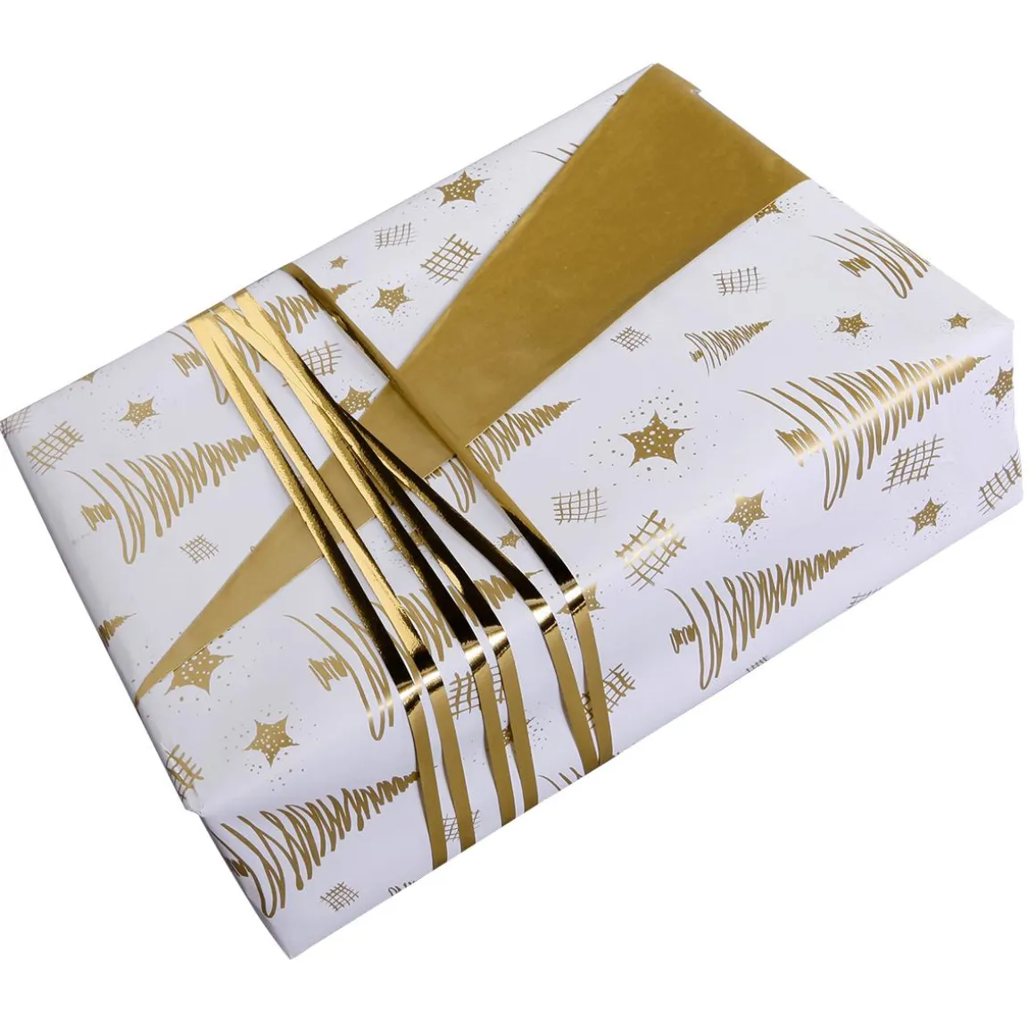 Papel De Regalo Navideño Sostenible De Doble Cara Con Abetos Y Estrellas En Dorado - Bobina De Papel De Regalo De 50 M