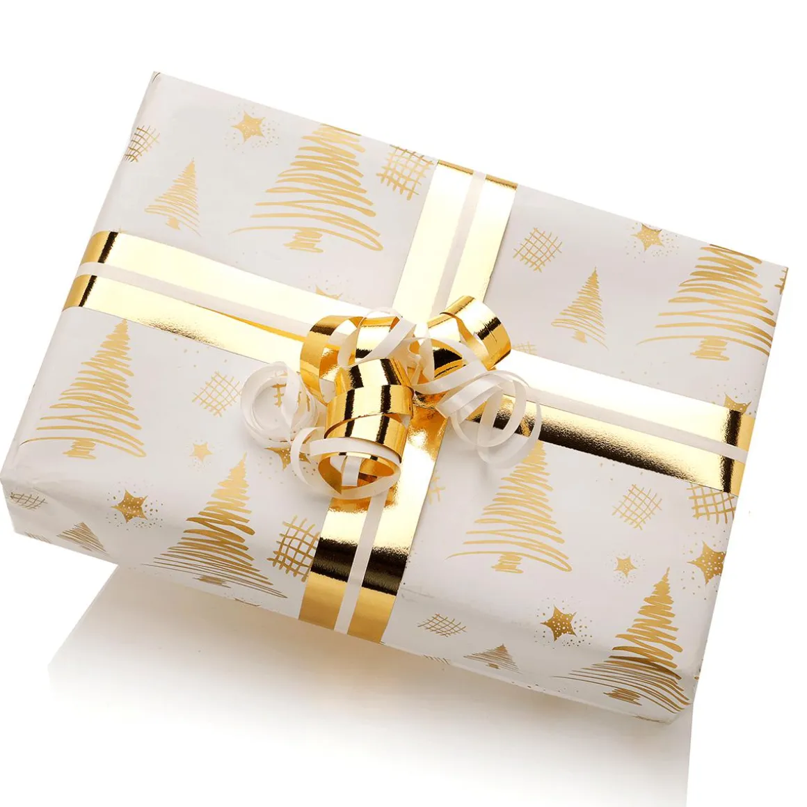 Papel De Regalo Navideño Sostenible De Doble Cara Con Abetos Y Estrellas En Dorado - Bobina De Papel De Regalo De 50 M