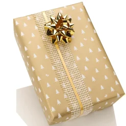 Papel De Regalo Navideño Sostenible Y Dorado Con Abetos Blancos - Bobina De Papel De Regalo De 50 M