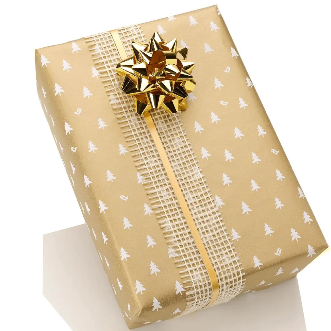Papel De Regalo Navideño Sostenible Y Dorado Con Abetos Blancos - Bobina De Papel De Regalo De 50 M