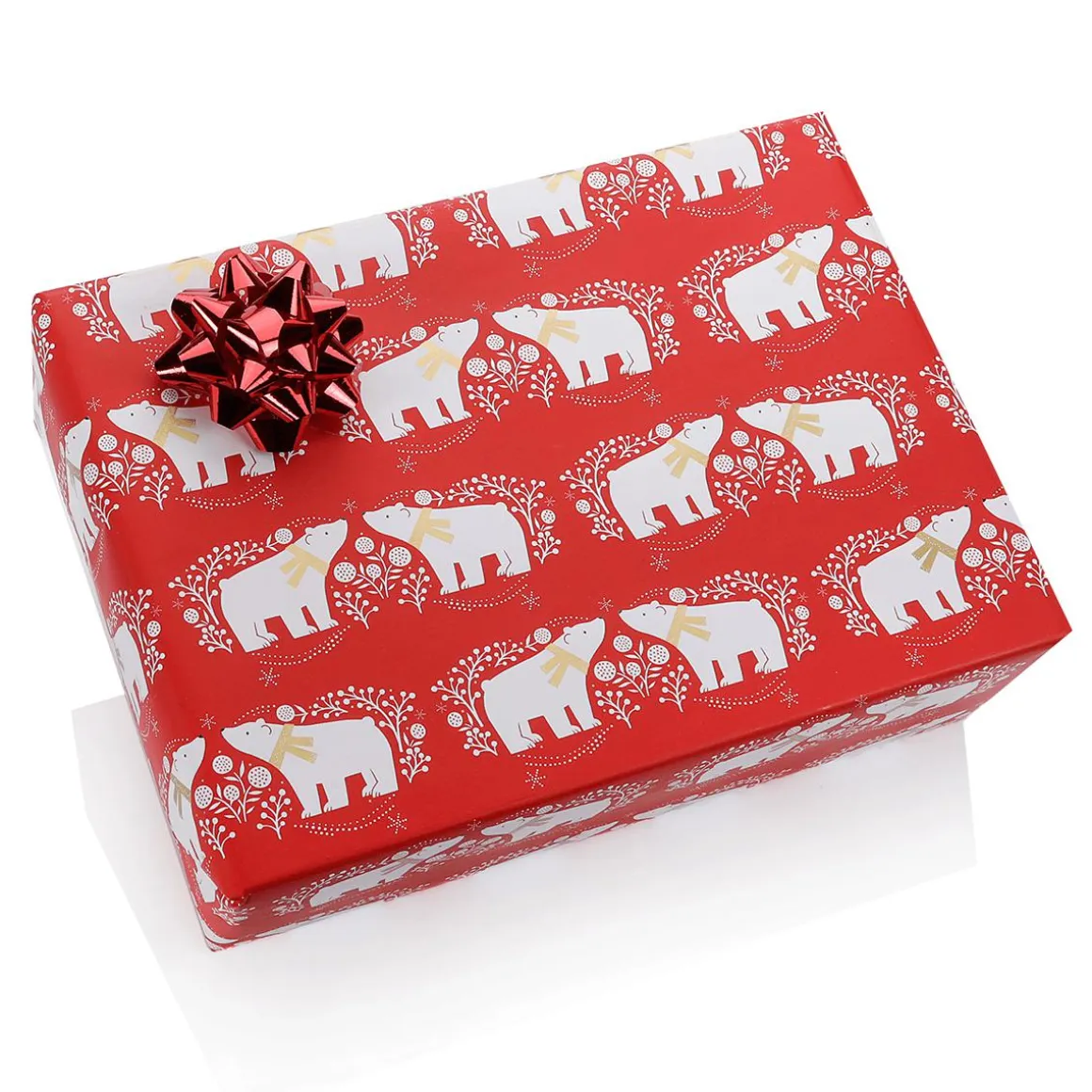Papel De Regalo Navideño Sostenible De Color Rojo Con Osos Polares Blancos - Bobina De Papel De Regalo De 50 M