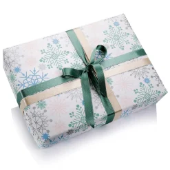 Papel Kraft Blanco Con Copos De Nieve En Azul Claro, Rosa, Plata Y Menta - Rollo De Papel De Regalo De 50 M