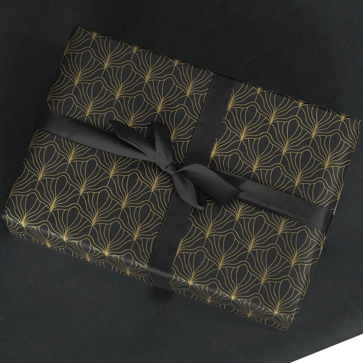 Papel Kraft Negro Reciclado Con Motivo De Abanico Dorado - Bobina De Papel De Regalo De 50 M