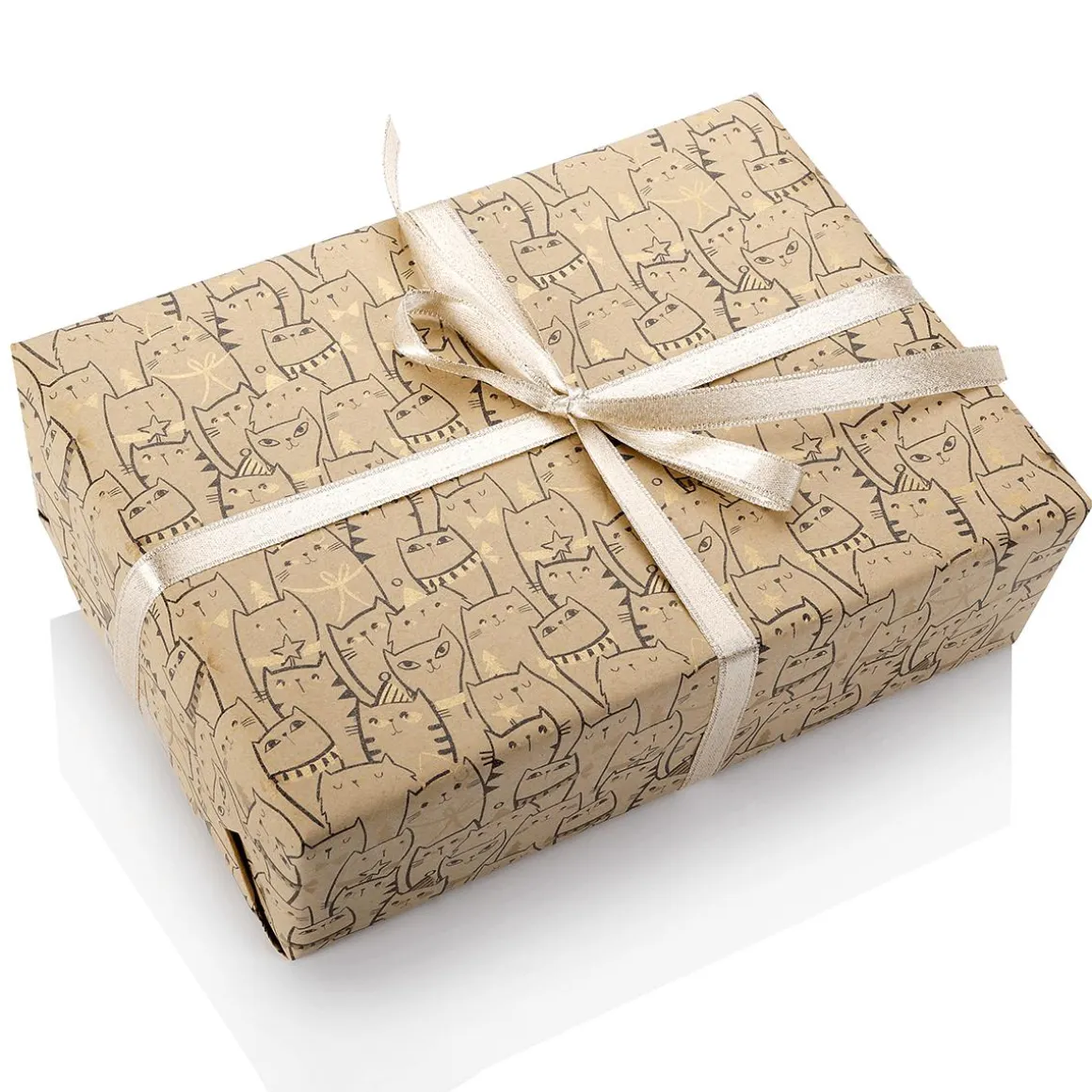Papel Kraft Reciclado Con Gatos Y Detalles Dorados - Rollo De Papel De Regalo De 50 M