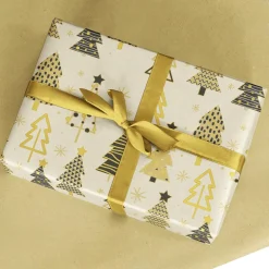 Papel Kraft Reciclado Con árboles De Navidad En Beige, Negro Y Dorado - Bobina De Papel De Regalo De 50 M
