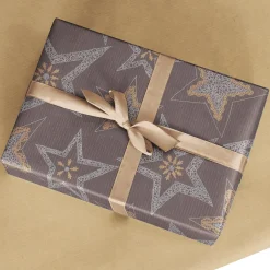 Papel Kraft Reciclado Marrón Oscuro Con Estrellas Plateadas - Rollo De Papel De Regalo De 50 M