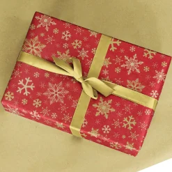 Papel Kraft Rojo Reciclado Con Copos De Nieve Dorados - Bobina De Papel De Regalo Sostenible De 50 M