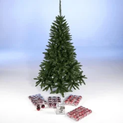 Paquete Económico Árbol De Navidad 180 Cm Con Adornos De Plástico Rojos Y Luces De Hadas