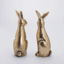 Pareja De Conejos De Pascua De Cerámica Dorada 2 Piezas