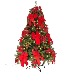 Árbol De Navidad Artificial Decorado Con LED, Adornos Navideños Rojos, Lazos, Flores De Navidad Y Pequeños Regalos 210 Cm