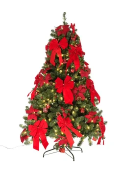 Árbol De Navidad Artificial Decorado Con LED, Adornos Navideños Rojos, Lazos, Flores De Navidad Y Pequeños Regalos 240 Cm