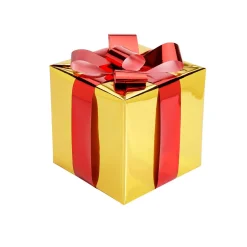 Regalo De Navidad 20 Cm Dorado Con Lazo Rojo