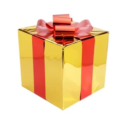 Regalo De Navidad 30 Cm Dorado Con Lazo Rojo