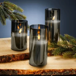 Set De Velas De Cera LED En Vidrio 3 Piezas Gris Humo 7,5 Cm Ø 17,50 Cm