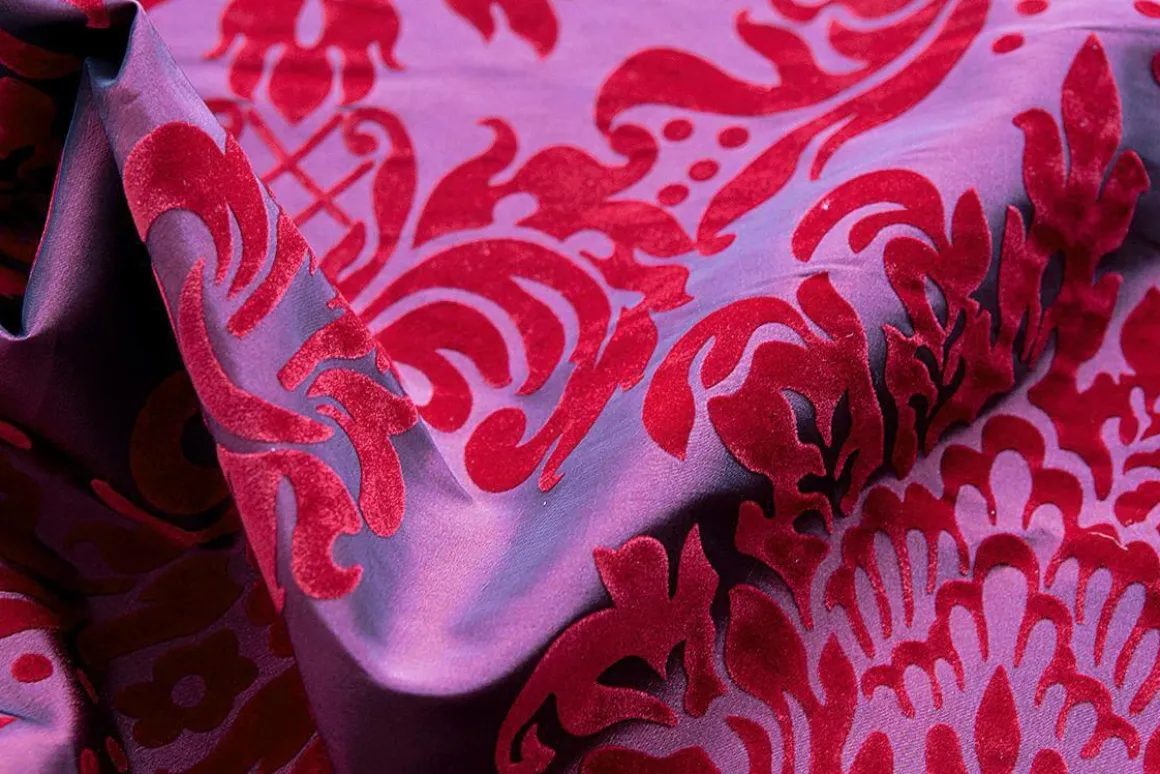 Tafetán Con Flocado De Terciopelo, Anchura: 145 Cm, Color Rojo