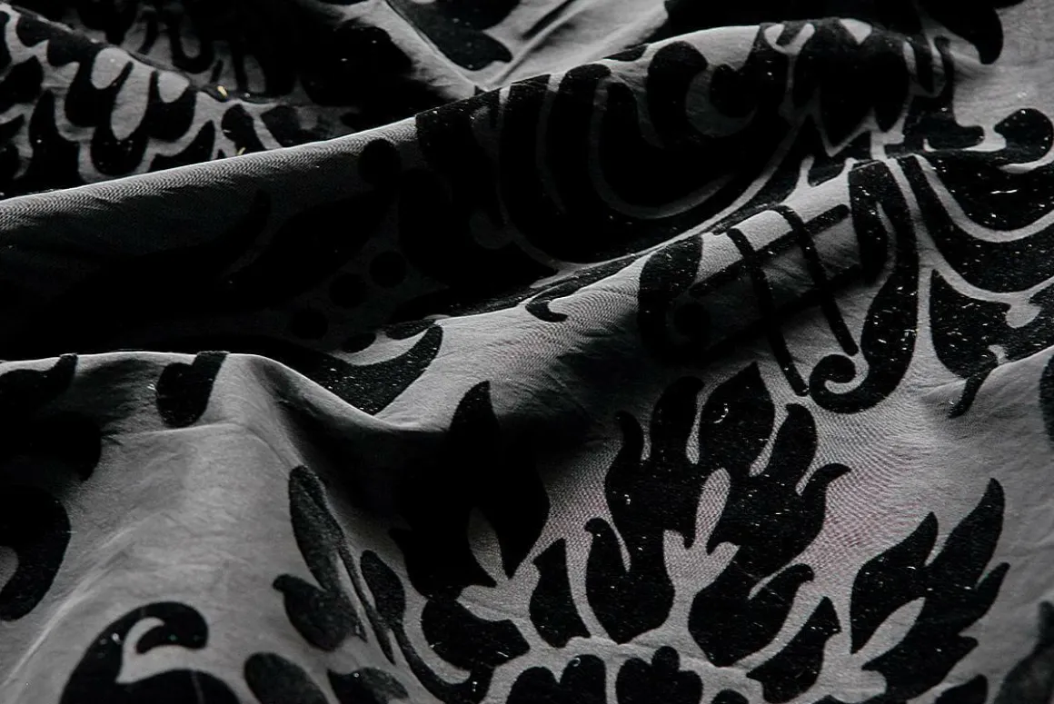 Tafetán Con Flocado De Terciopelo, Anchura: 145 Cm, Color Negro